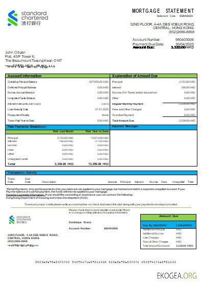 Hong Kong Standard Chartered Bank relevé hypothécaire bancaire scr